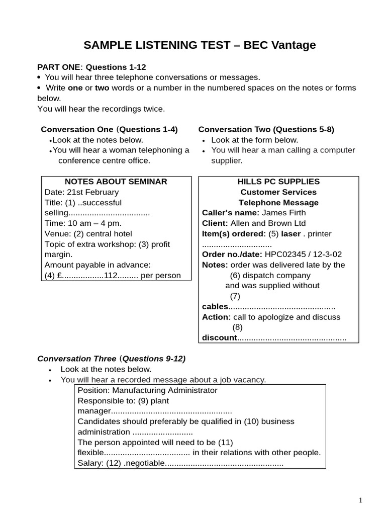 BEC Vantage Listening Test Sample | PDF | Marketing | Business