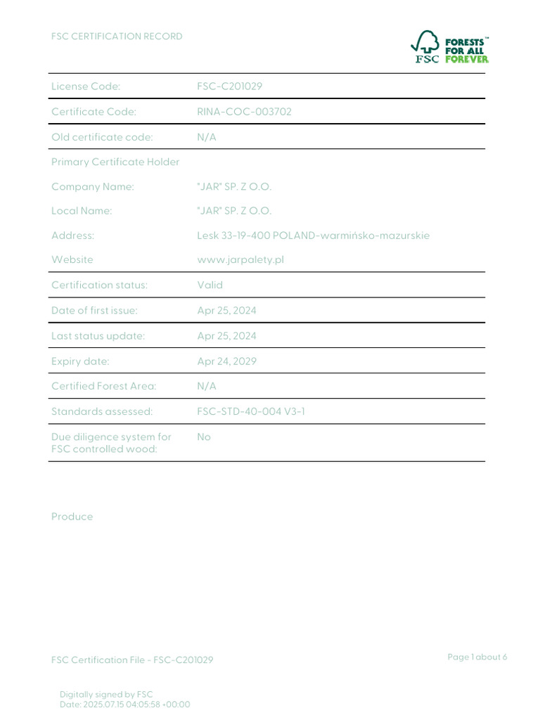 FSC Certification Details for JAR SP. Z O.O. | PDF | Legal Liability ...