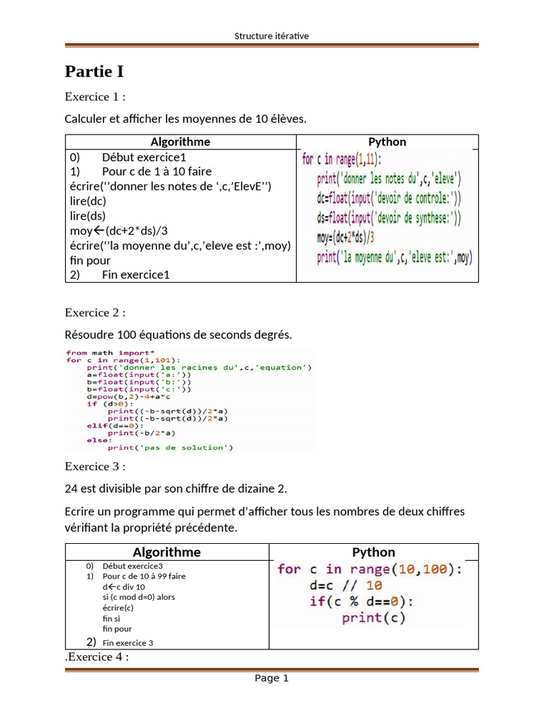 Exercices Python sur les structures itératives | PDF | Python (Langage ...