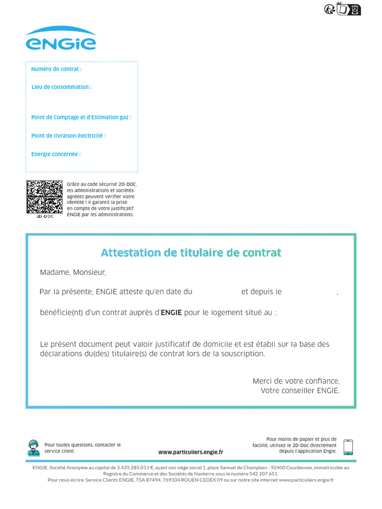 Attestation de contrat ENGIE pour domicile | PDF