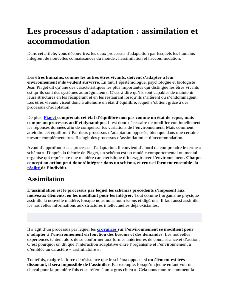 Assimilation et accommodation : adaptation humaine | PDF | Adaptation ...