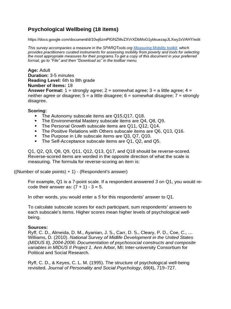 Psychological Wellbeing Survey Tool | PDF | Psychology | Behavioural ...