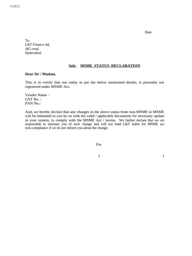 MSME Status Declaration Letter | PDF