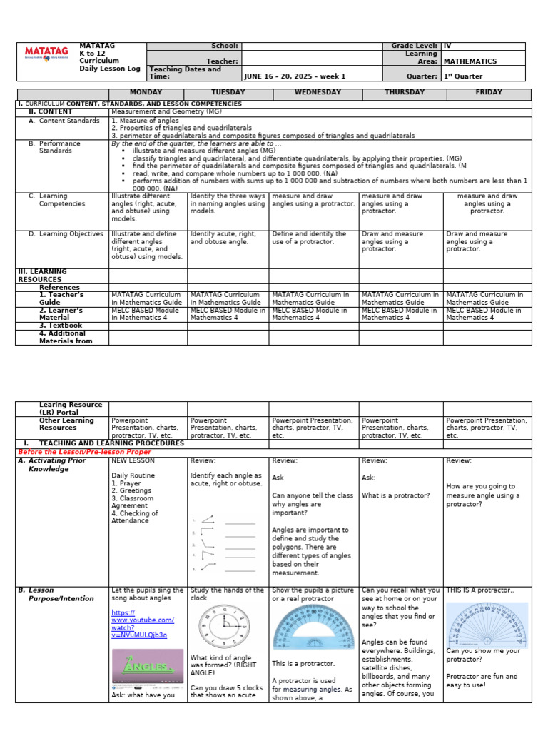 K-12 Mathematics Daily Lesson Log | PDF | Angle | Curriculum
