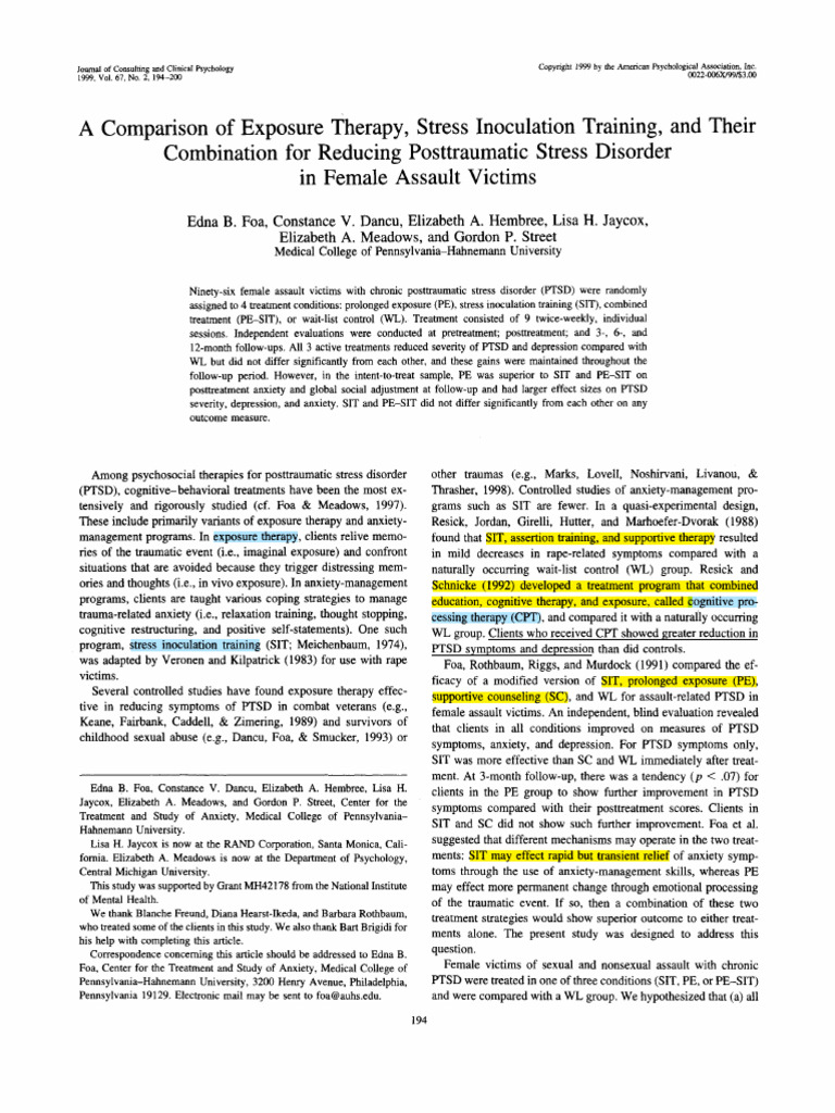 PTSD Treatment: Exposure vs. Stress Inoculation | PDF | Cognitive ...