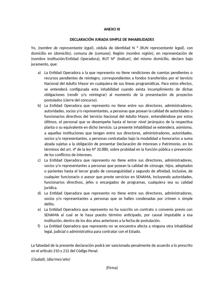 ANEXO III Declaracion Jurada Simple de Inhabilidades | PDF | Justicia ...