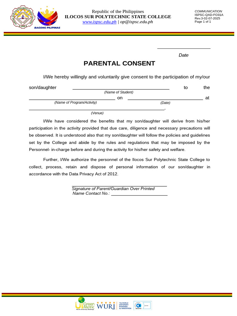 Parental Consent Form for ISPSC Activities | PDF