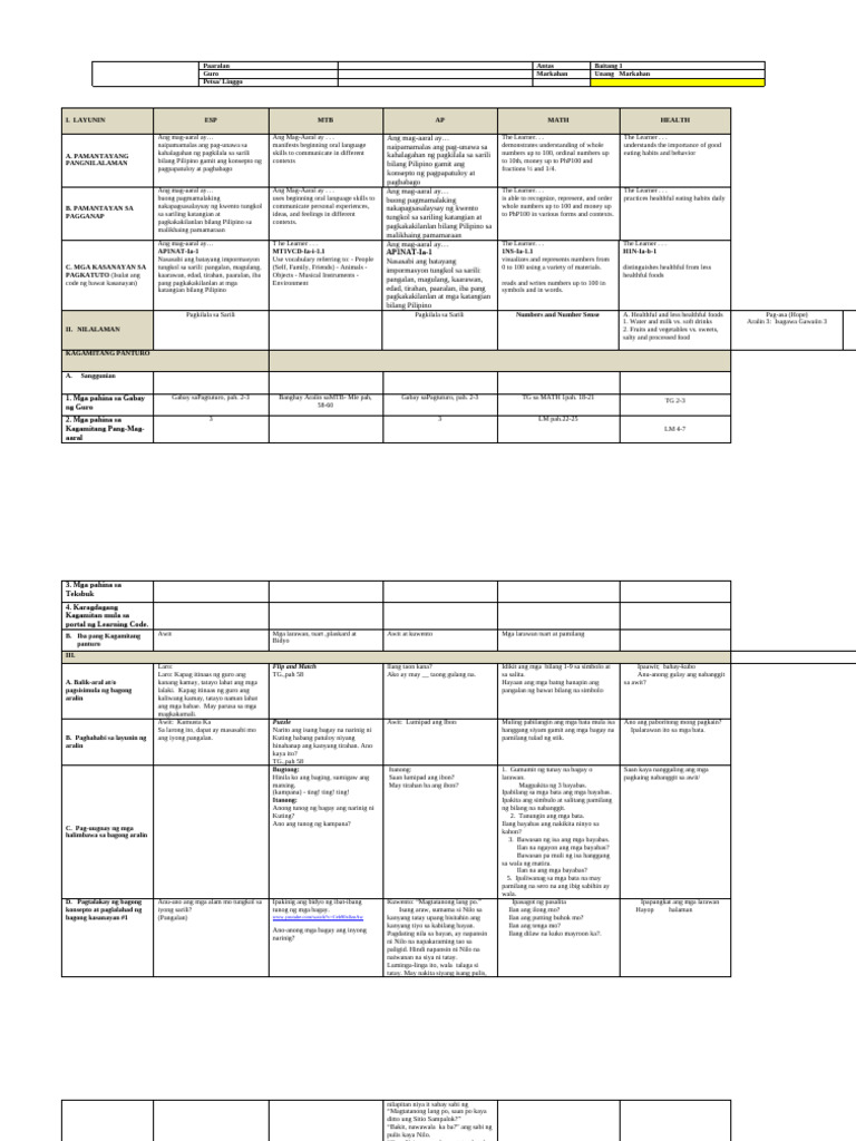 Grade 1 DLL All Subjects Q1 Week 1 Day 4 | PDF