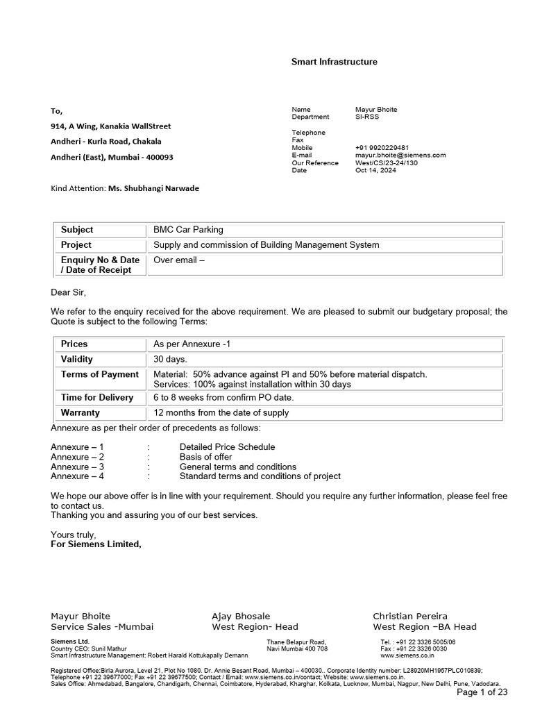 Siemens BMC Car Parking Proposal | PDF | Arbitration | Taxes