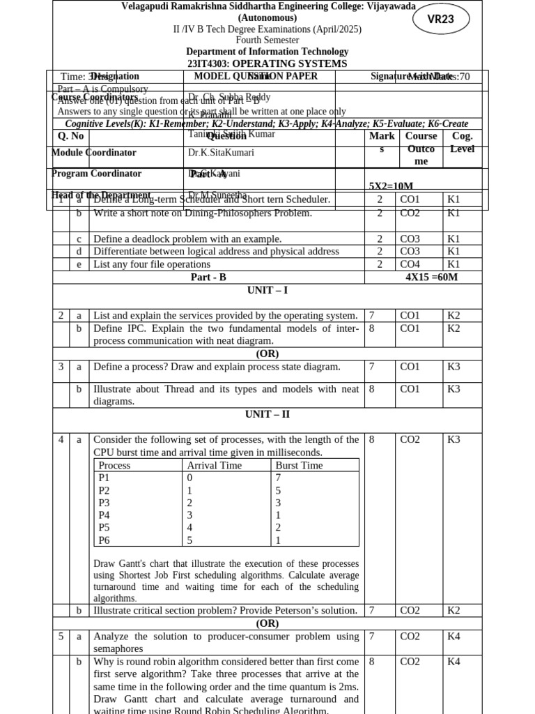 Operating Systems Model Question Paper | PDF | Computer Science ...