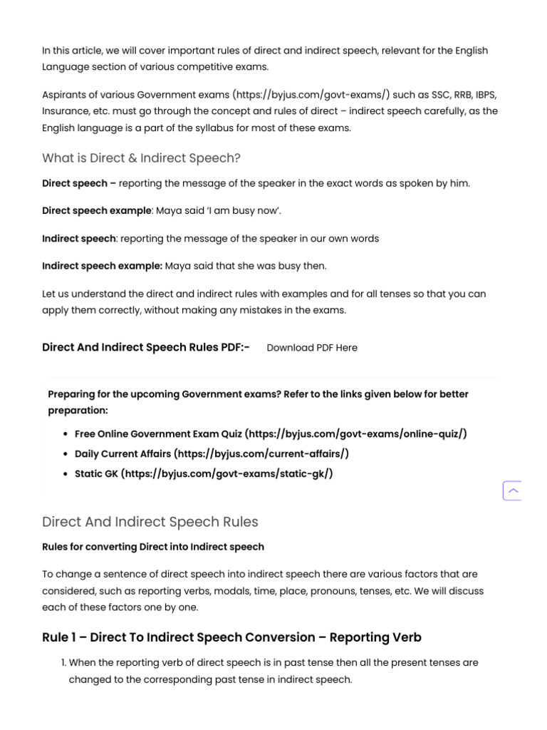 Direct and Indirect Speech Rules Guide | PDF | English Language | Verb