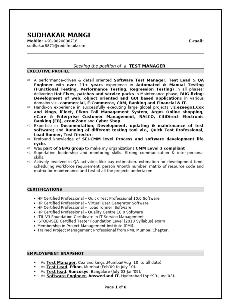 Test Manager Resume - Sudhakar Mangi | PDF | Software Testing | Software