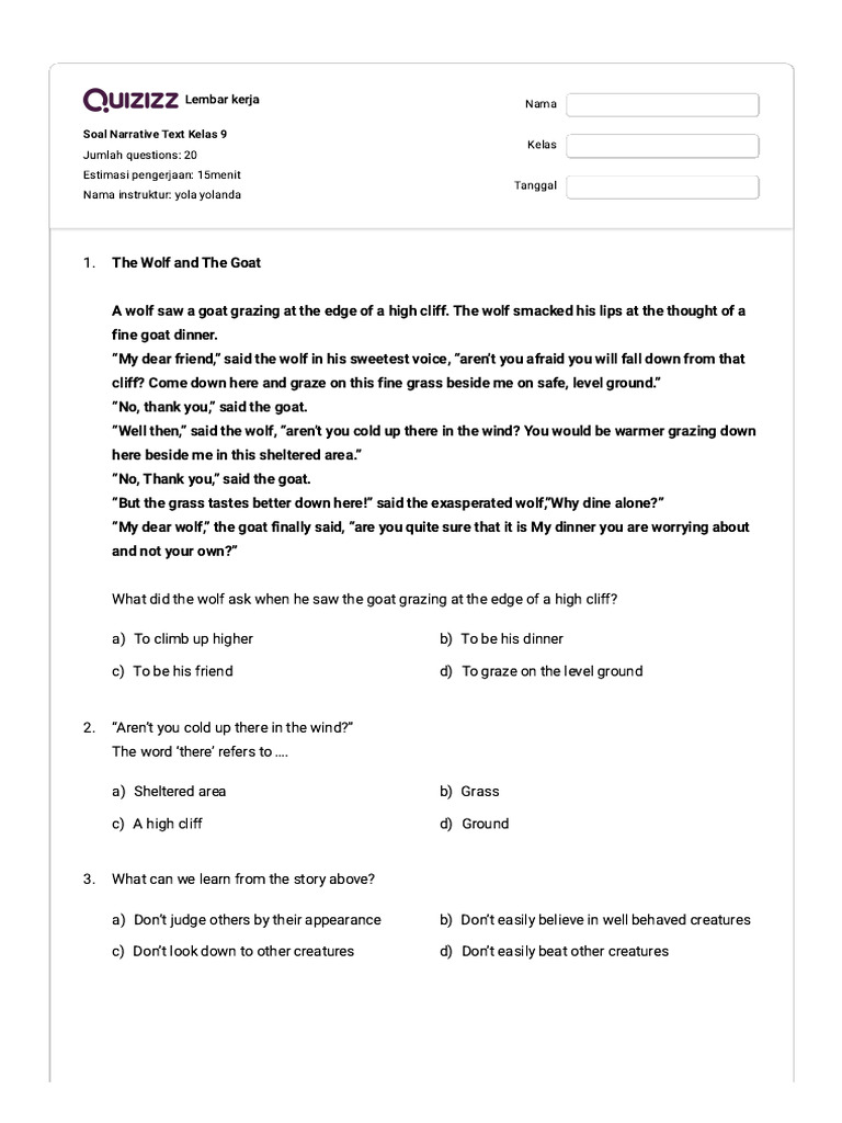 Narrative Text Worksheet for 9th Grade | PDF