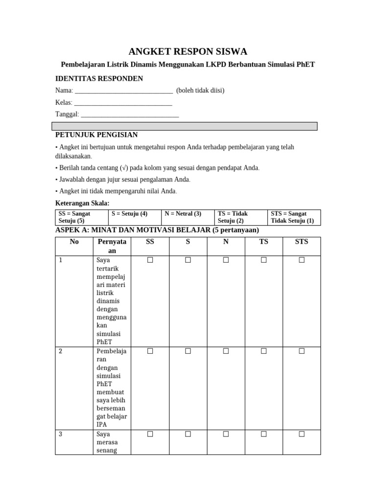 Angket Respon Siswa Listrik Dinamis | PDF