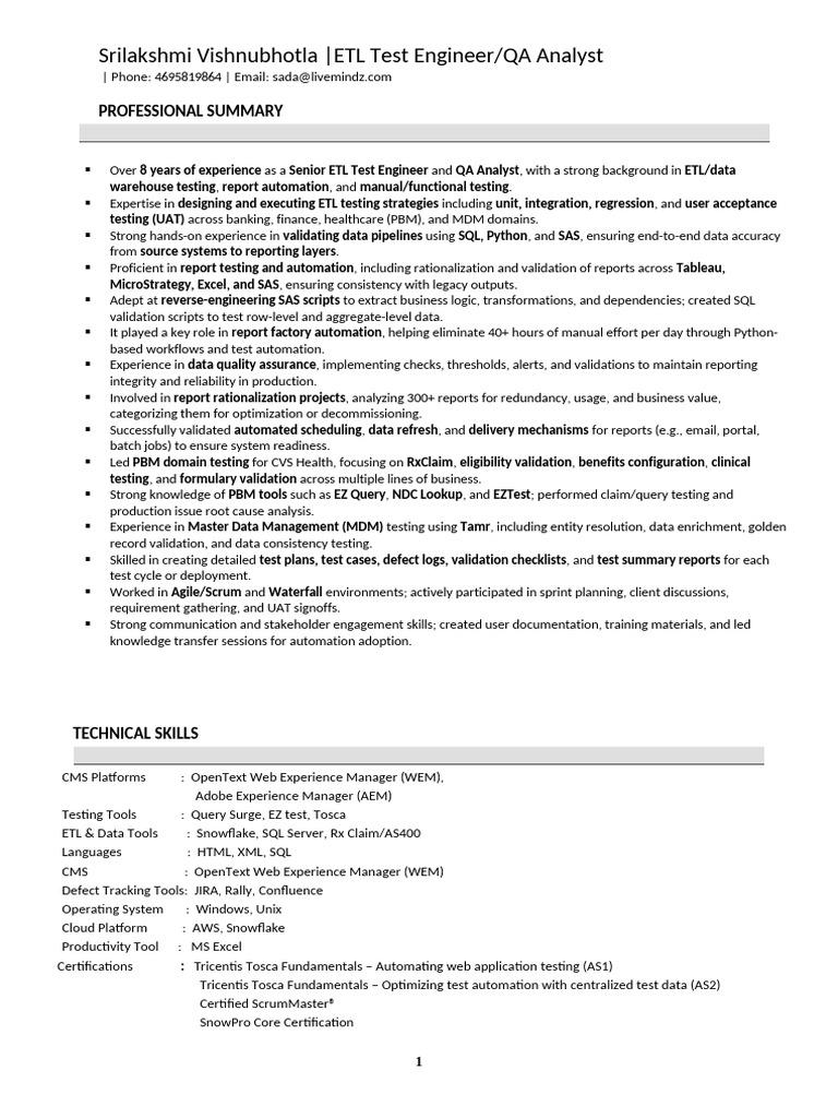 Senior ETL Test Engineer Profile | PDF | Software Testing | Computing