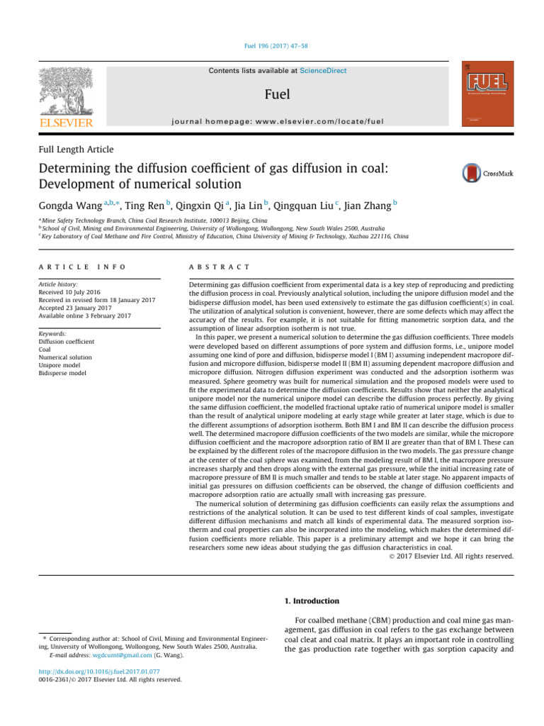 Determining the Diffusion Coefficient of Gas Diffusion in Coal | PDF ...