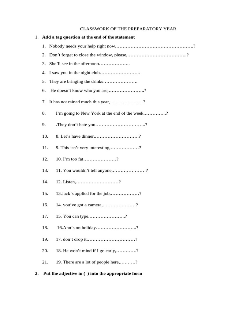 Preparatory Year Classwork Exercises | PDF | Grammar | Languages