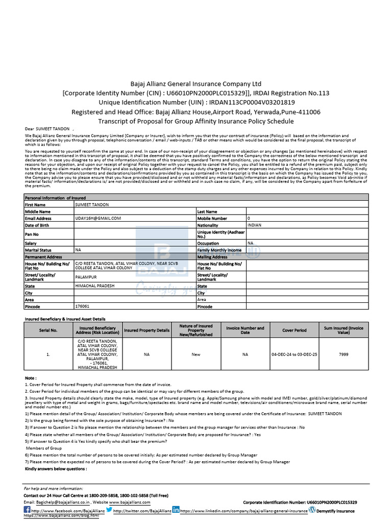 Bjaz GC Policy Schedule | PDF | Insurance | Underwriting