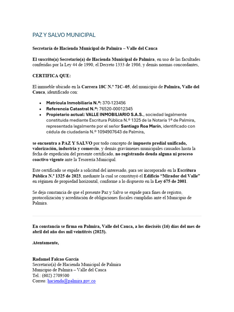 Certificado Paz y Salvo Municipal Palmira | PDF