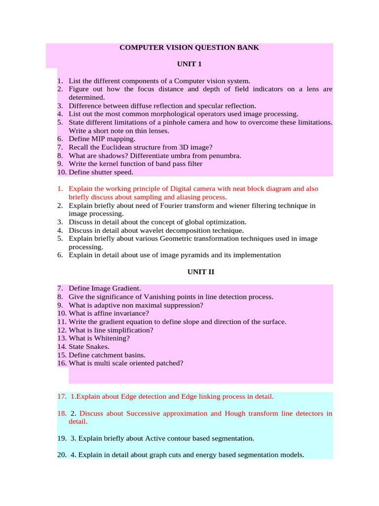 Computer Vision Question Bank Guide | PDF | Image Segmentation | 3 D ...