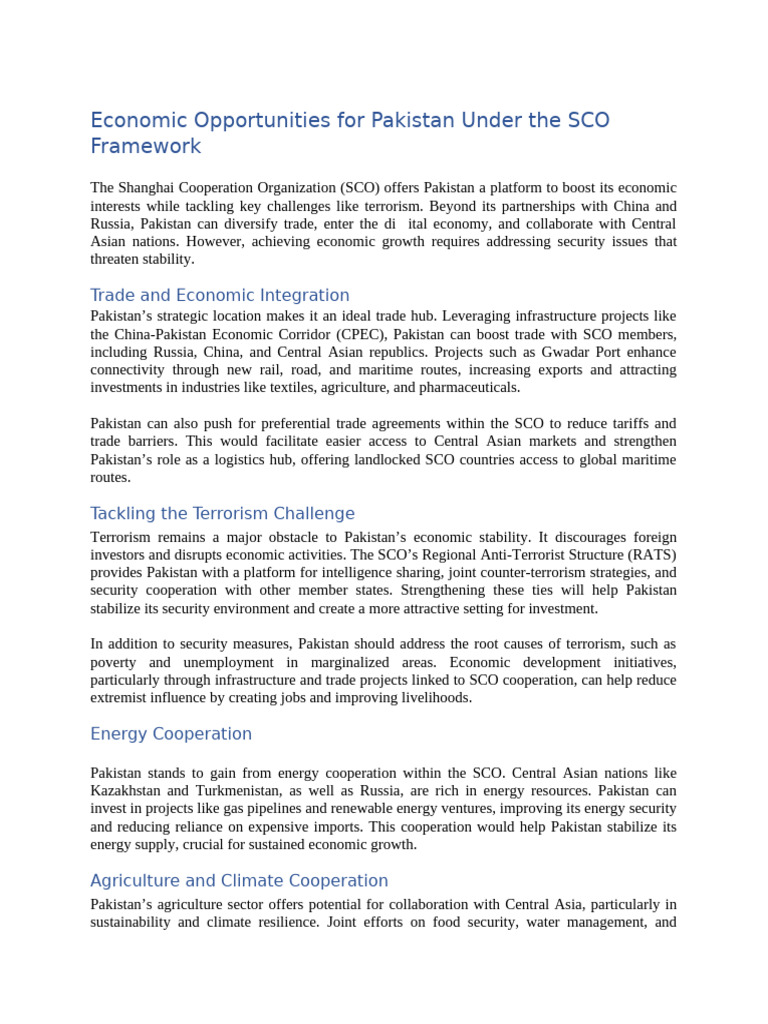 Economic Growth for Pakistan via SCO | PDF | Pakistan | Central Asia