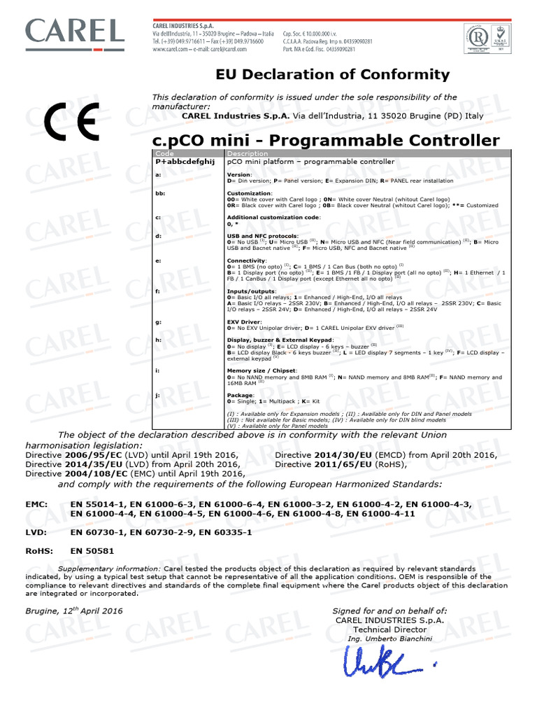 CE Declaration For C.pco Mini Programmable Controller (2) (Carel) | PDF ...
