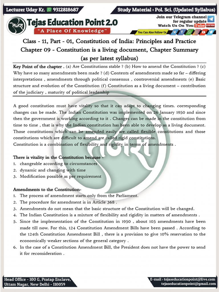 Chapter - 09 Constitution a Living Chapter (Chapter Summary) | PDF ...