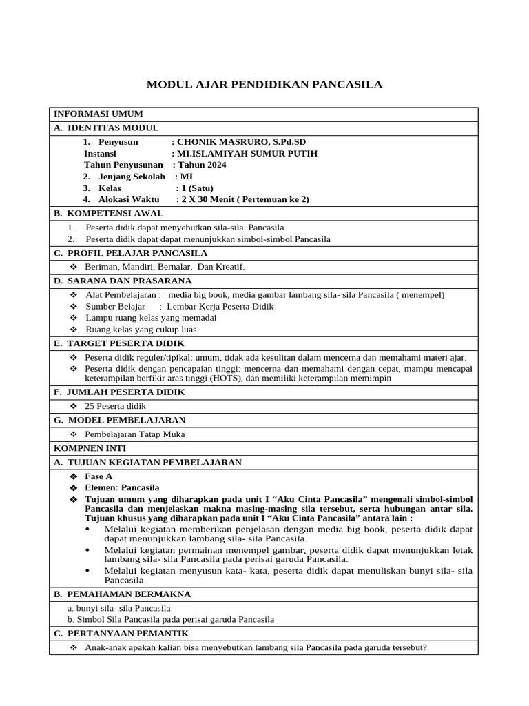 BAB 1 - Modul Ajar Pendidikan Pancasila Kls 1 | PDF