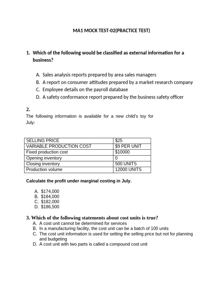 MA1 Mock Test: Business & Accounting Concepts | PDF | Overtime ...