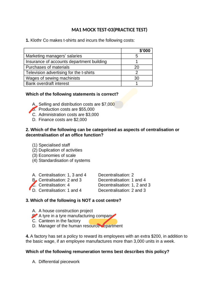 MA1 Mock Test 03: Accounting Practice | PDF | Spreadsheet | Profit ...