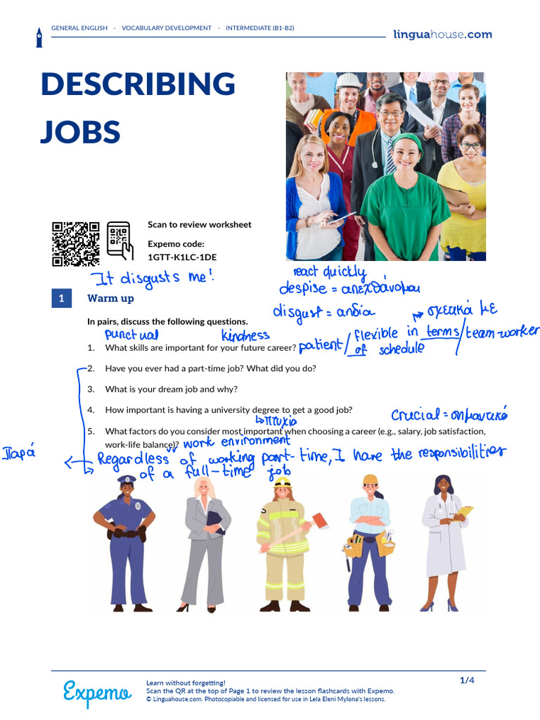 Intermediate Vocabulary: Describing Jobs | PDF