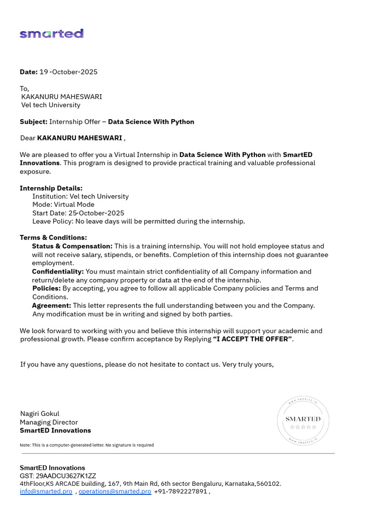 Internship Offer: Data Science with Python | PDF