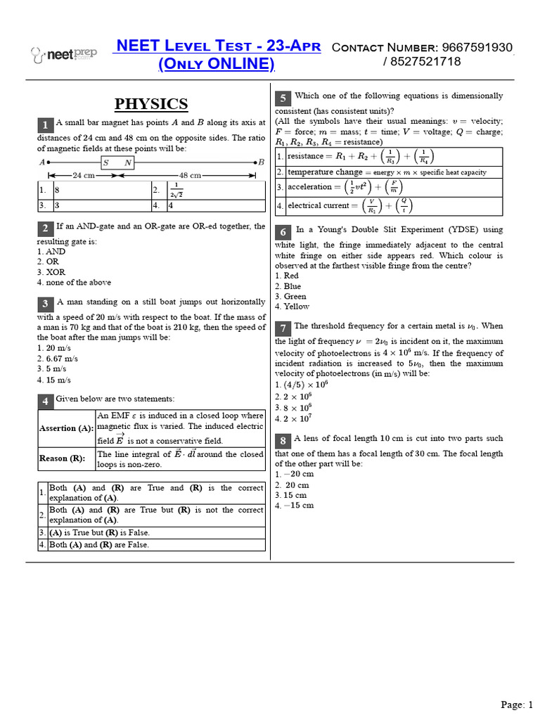 NEET Physics Test Questions and Solutions | PDF | Physical Phenomena ...