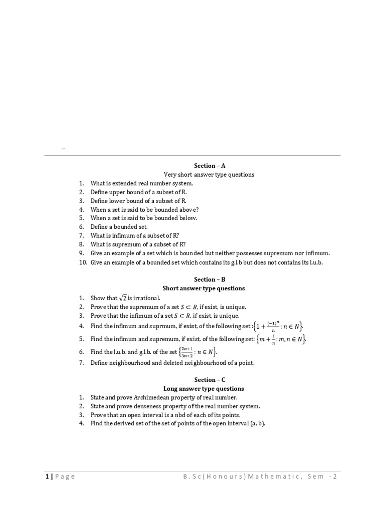 Real Analysis Question Bank for B.Sc. | PDF | Limit (Mathematics ...