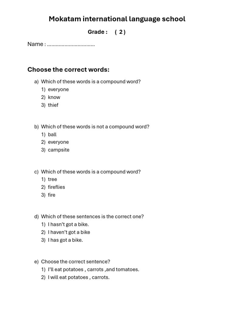 Grade 2 English Language Quiz | PDF