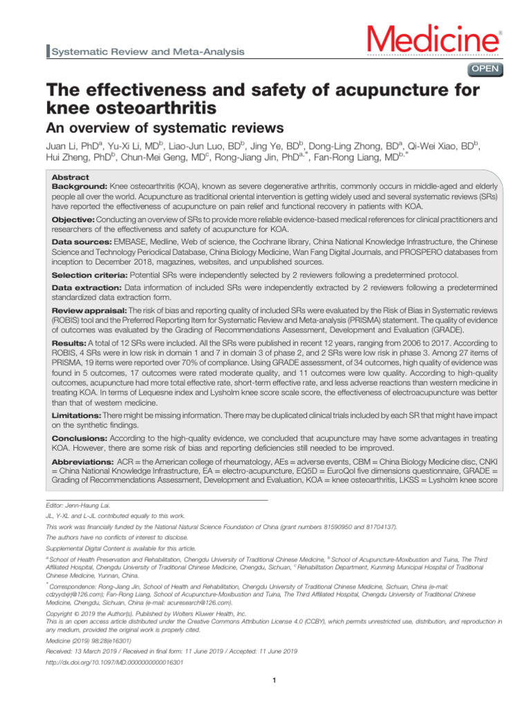Acupuncture for Knee Osteoarthritis: Efficacy Review | PDF | Systematic ...