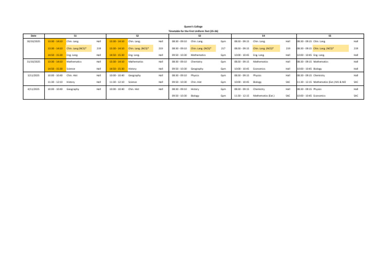 Queen's College First Uniform Test Timetable | PDF
