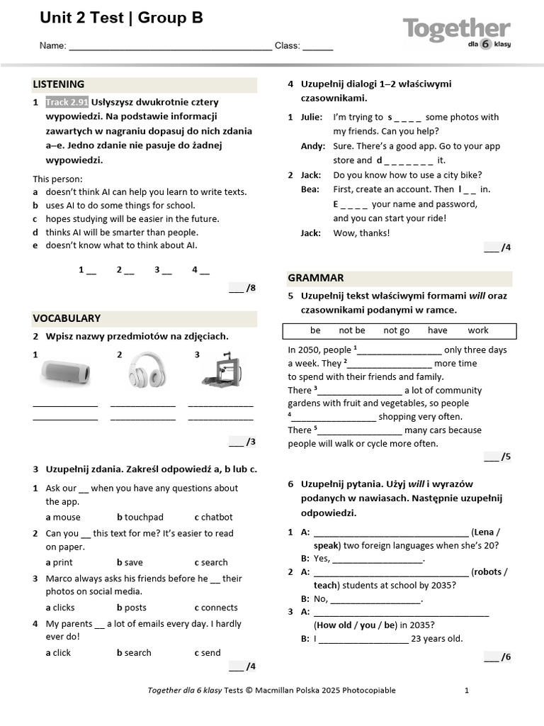 Together Kl6 U2 Unit Test Standard B | PDF