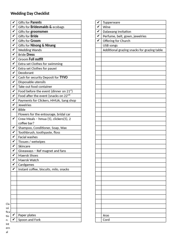 Essential Wedding Day Checklist | PDF | Wedding | Groomsman