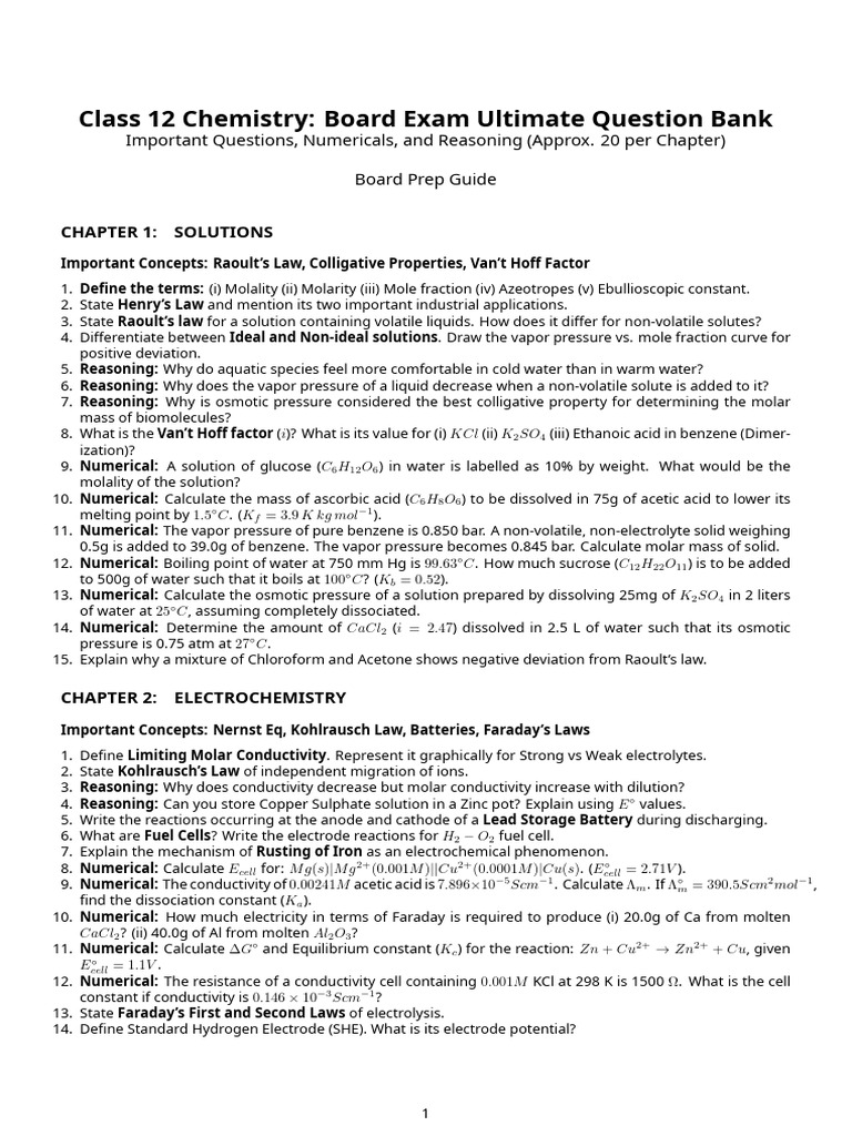 Class 12 Chemistry Exam Question Bank | PDF | Electrochemistry ...