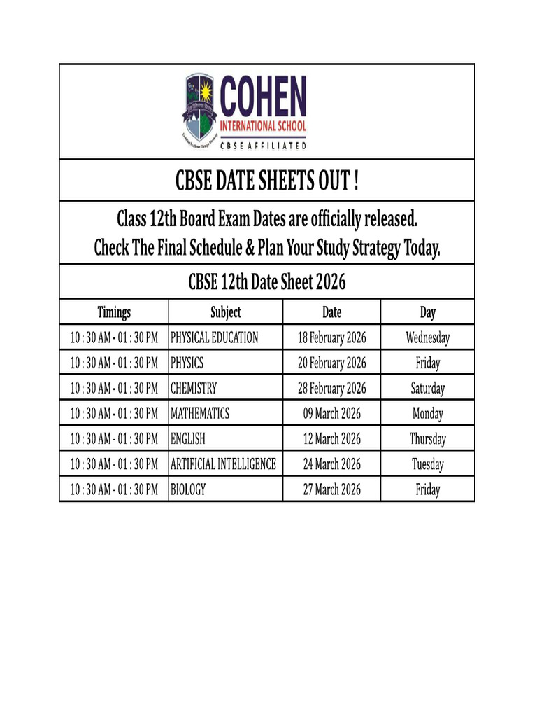 Cbse 12th Board Exam Schedule | PDF