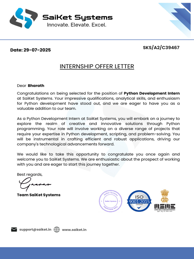 Python Development Intern Offer Letter | PDF