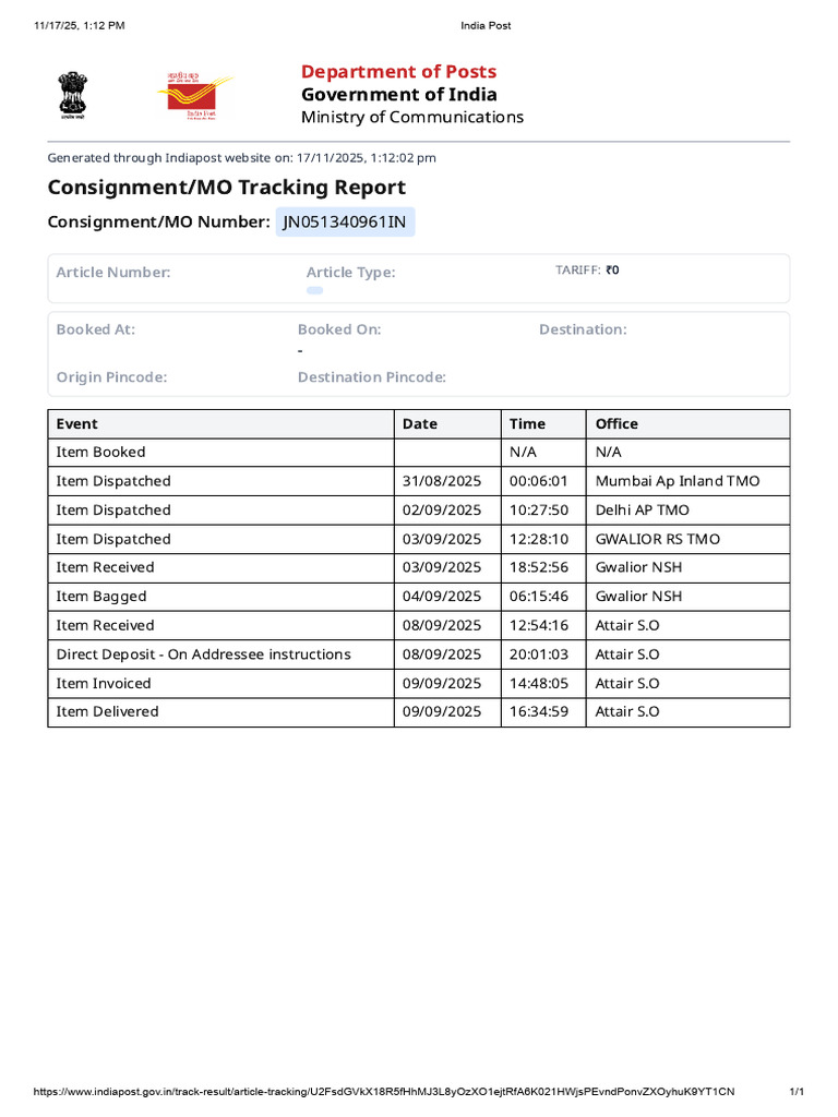 India Post Consignment Tracking Report | PDF