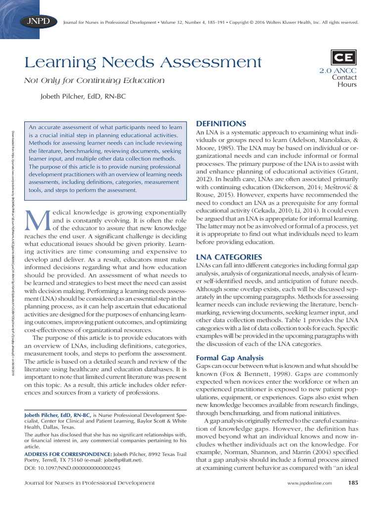 Learning Needs Assessment in Nursing | PDF | Learning | Cognition