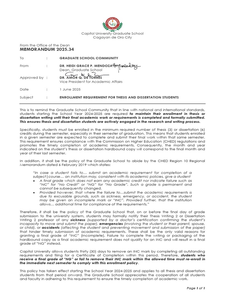 GS MEMO 2025.34 Enrollment Requirement for Thesis and Dissertation ...