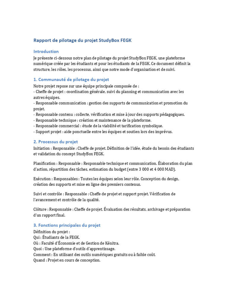 Plan de pilotage du projet StudyBox FEGK | PDF | Planification | Chef ...