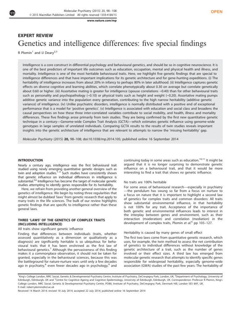 Genetics of Intelligence: Key Findings | PDF | Heritability | Single ...
