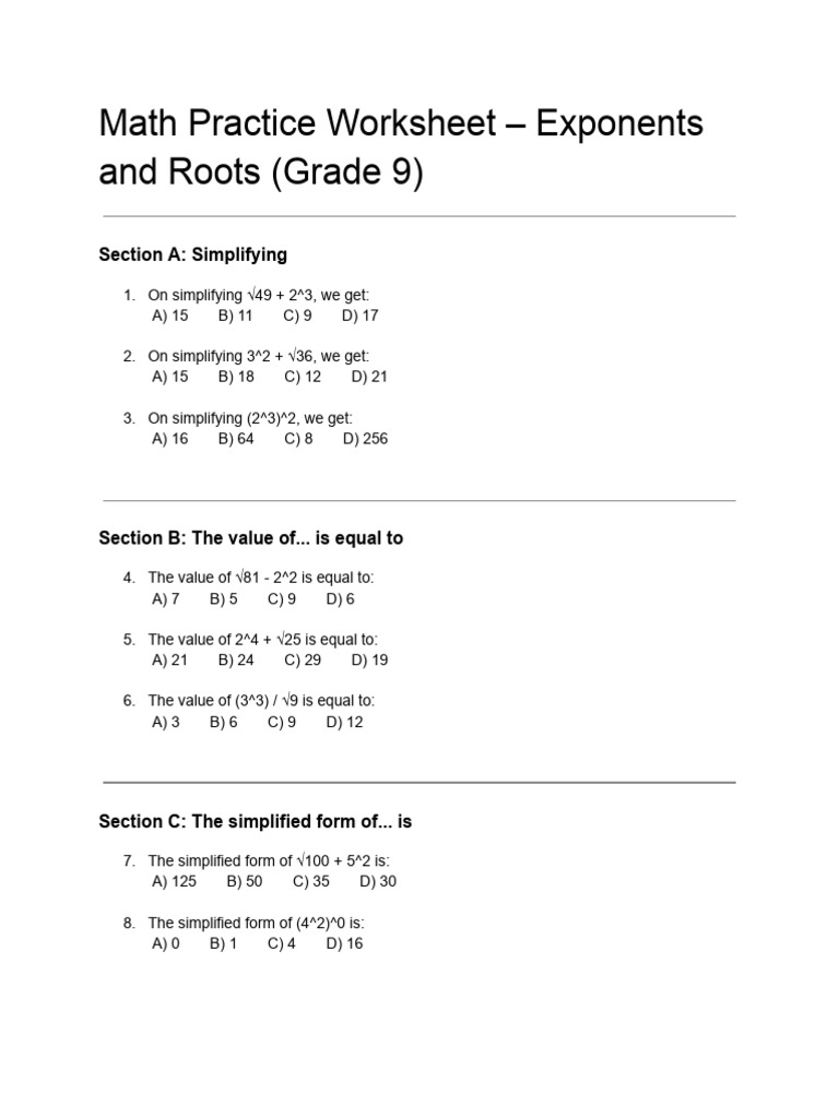 Math Practice Worksheet - Exponents and Roots (Grade 9) | PDF