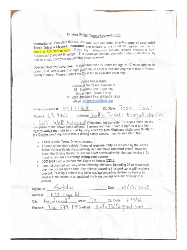 Driving Safety CourseRequest Form | PDF