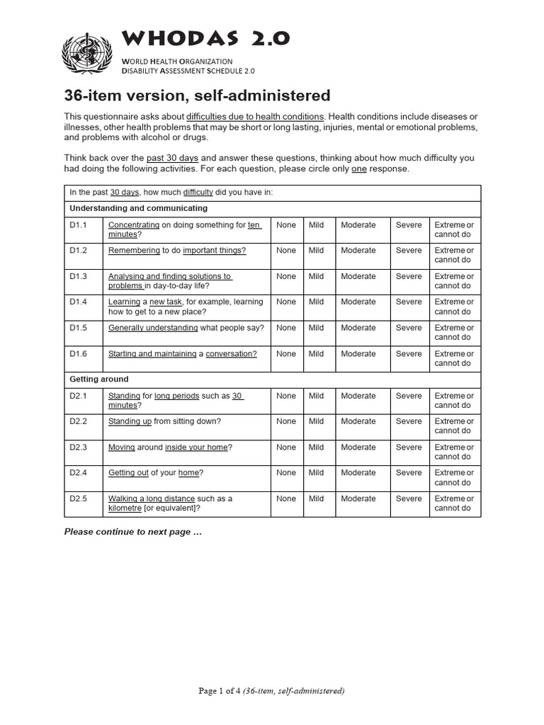 WHODAS 2.0 Disability Assessment Tool | PDF | Behavioural Sciences ...